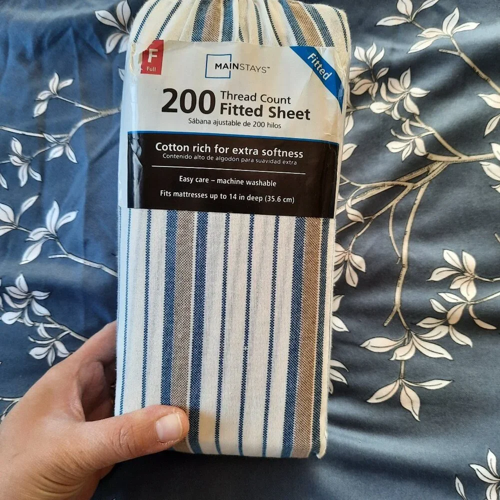 MAINSTAYS Shirt Stripe Print Cotton Percale Fitted Sheet NWT! - Blue/Tan, FULL